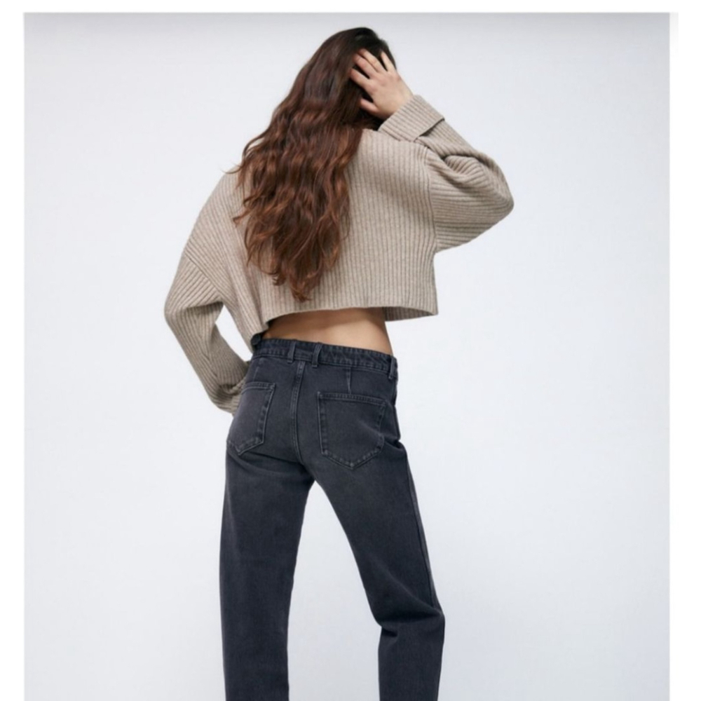 ZARA Ribbed Oversized Crop Length Cuffed Sleeved Mock Neck Sweater in Taupe - Picture 4 of 11